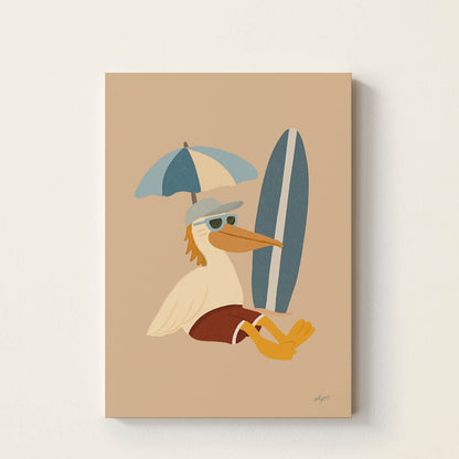 Hand-drawn pelican wearing sunglasses and a cap relaxing beside a blue surfboard under a beach umbrella, retro coastal wall art for nurseries, bedrooms, playrooms, and beach-inspired spaces.