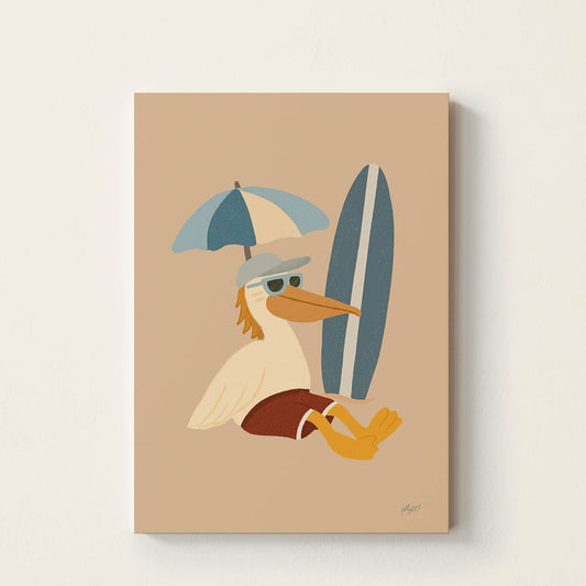 Hand-drawn pelican wearing sunglasses and a cap relaxing beside a blue surfboard under a beach umbrella, retro coastal wall art for nurseries, bedrooms, playrooms, and beach-inspired spaces.
