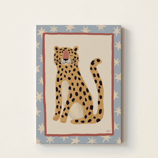 Hand-drawn peaceful leopard with a vintage-inspired decorative border, retro kids wall art for nurseries, children's bedrooms, playrooms, and reading corners.