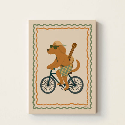Hand-drawn dog wearing sunglasses and a cap while riding a vintage bicycle with a guitar on its back, framed with a retro decorative border, whimsical wall art for nurseries, bedrooms, playrooms, and music rooms.