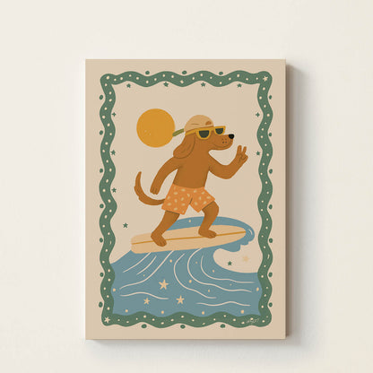Hand-drawn dachshund wearing sunglasses while surfing on a wave and making a peace sign, framed with a vintage decorative border, coastal-inspired wall art for nurseries, bedrooms, and playrooms.
