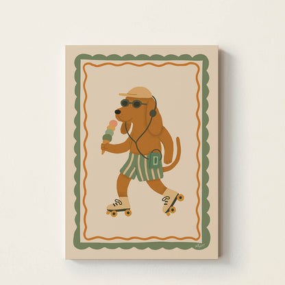 Hand-drawn dog wearing roller skates, headphones, sunglasses, and a cap while holding an ice cream, framed with a vintage-inspired border, playful summer wall art for nurseries, bedrooms, and playrooms.