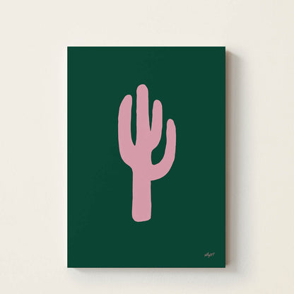 Minimalist hand-drawn pink cactus on a dark green background, retro-inspired desert wall art for nurseries, children's bedrooms, playrooms, and modern family homes.
