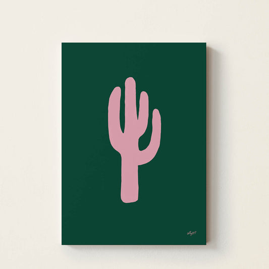 Minimalist hand-drawn pink cactus on a dark green background, retro-inspired desert wall art for nurseries, children's bedrooms, playrooms, and modern family homes.