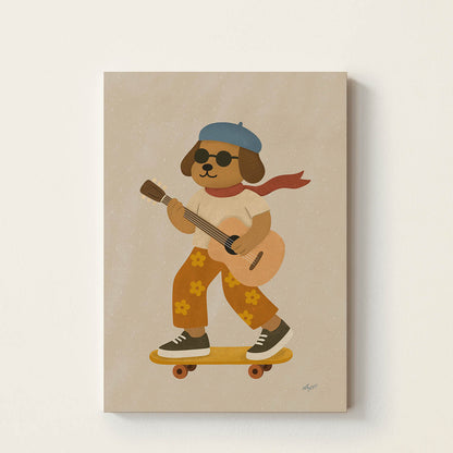 Hand-drawn dog wearing a blue beret and red scarf while riding a skateboard and playing an acoustic guitar, retro-inspired music wall art for nurseries, bedrooms, playrooms, and music rooms.