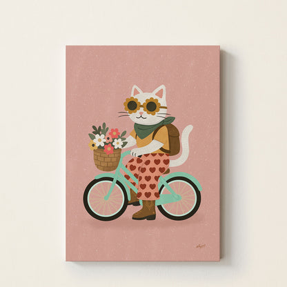 Hand-drawn white cat wearing flower sunglasses while riding a vintage bicycle with a basket of flowers, whimsical kids wall art for nurseries, bedrooms, and playrooms.