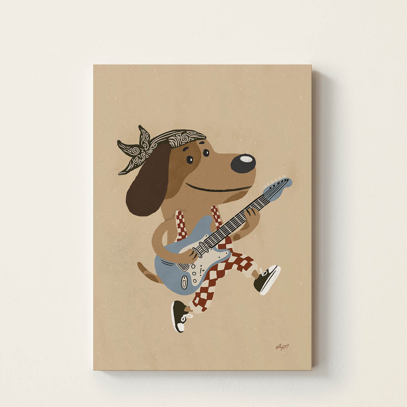 Hand-drawn dachshund wearing a bandana and playing a blue electric guitar, retro-inspired music wall art for children's bedrooms, nurseries, playrooms, and music rooms.