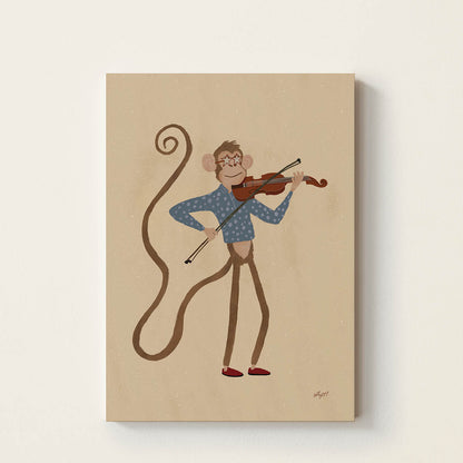Hand-drawn monkey wearing star-shaped glasses while playing a violin, retro-inspired kids wall art for nurseries, bedrooms, playrooms, and music rooms.