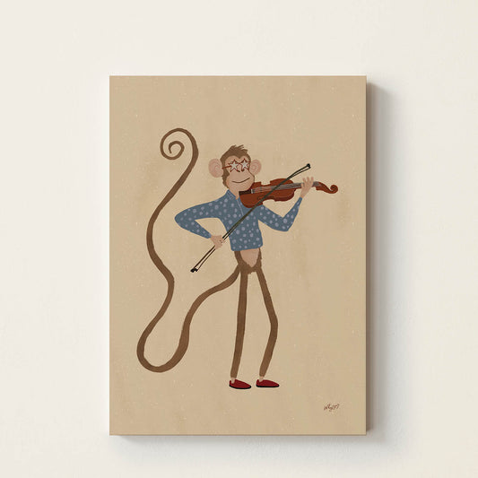 Hand-drawn monkey wearing star-shaped glasses while playing a violin, retro-inspired kids wall art for nurseries, bedrooms, playrooms, and music rooms.