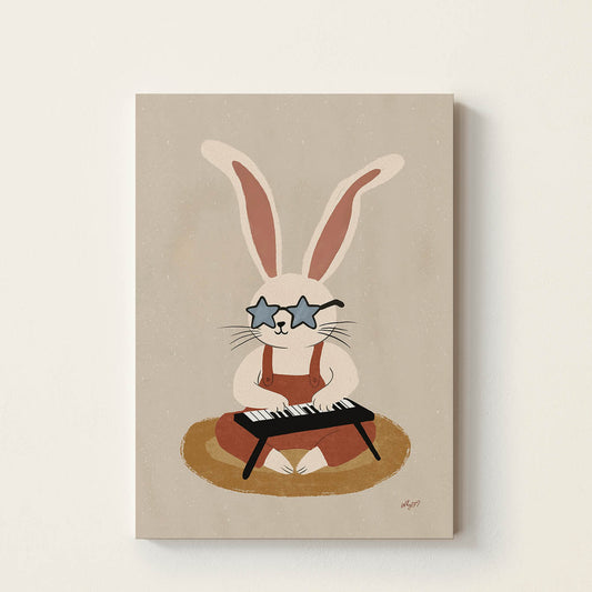 Hand-drawn bunny wearing star-shaped sunglasses while playing a small keyboard, whimsical retro-inspired music wall art for nurseries, bedrooms, playrooms, and music rooms.