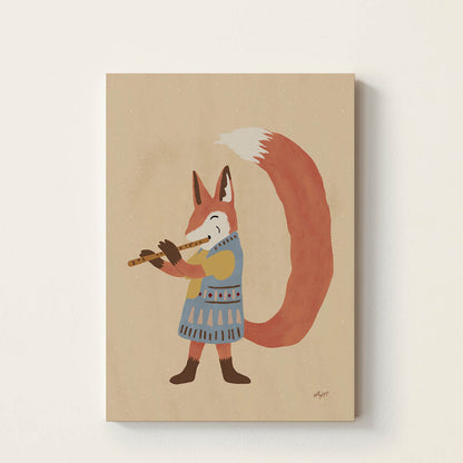 Hand-drawn little fox wearing a blue dress while playing a wooden flute, whimsical woodland music wall art for nurseries, bedrooms, playrooms, and music rooms.