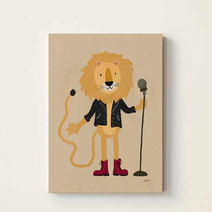 Hand-drawn lion wearing a black leather jacket and red boots while standing beside a microphone, retro-inspired music wall art for children's bedrooms, nurseries, playrooms, and music rooms.