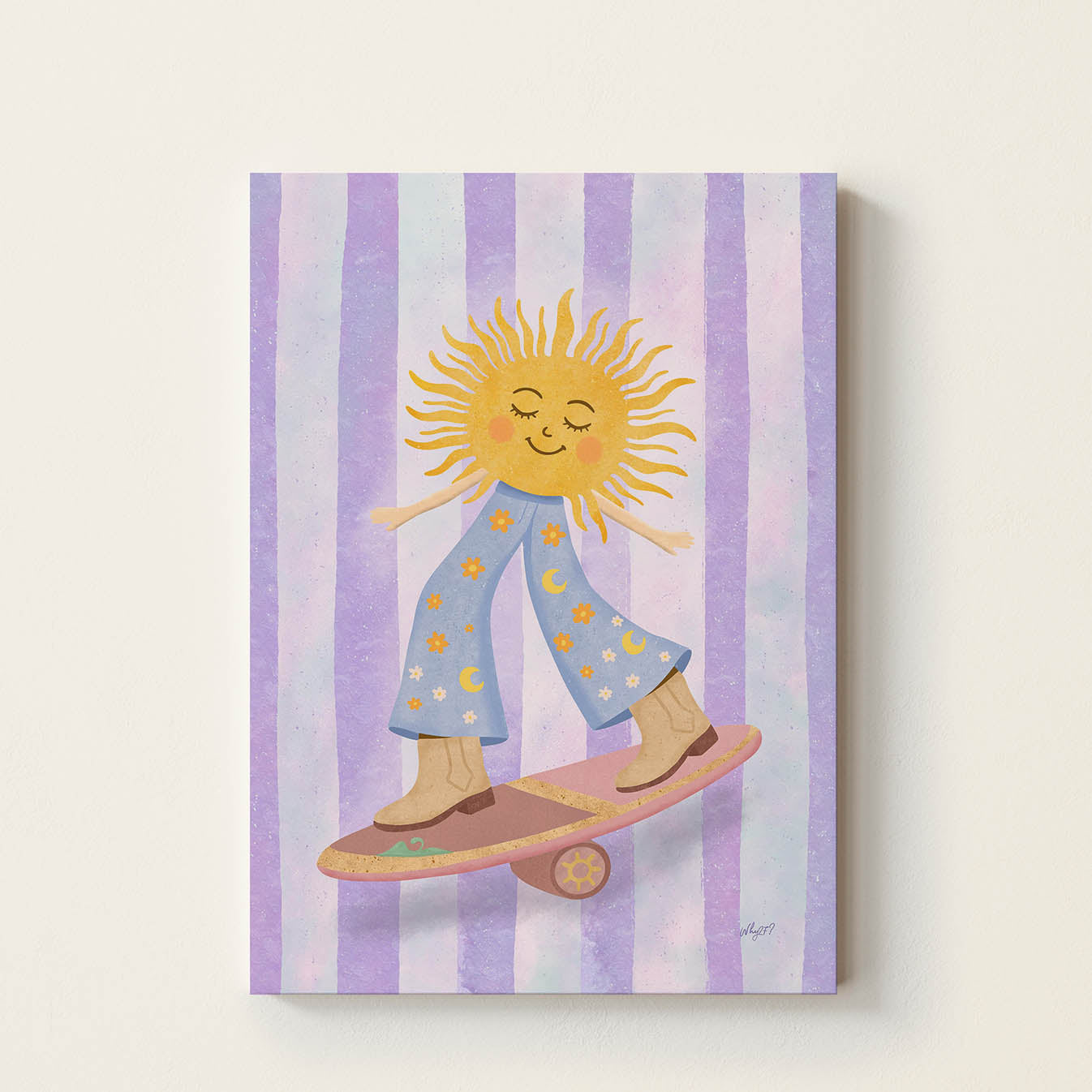 Hand-drawn smiling sun riding a skateboard while wearing moon-and-star trousers and cowboy boots, whimsical retro wall art for nurseries, children's bedrooms, playrooms, and reading corners.