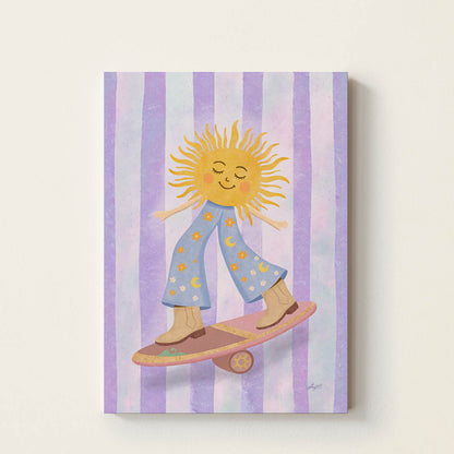 Hand-drawn smiling sun riding a skateboard while wearing moon-and-star trousers and cowboy boots, whimsical retro wall art for nurseries, children's bedrooms, playrooms, and reading corners.