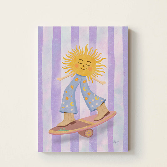 Hand-drawn smiling sun riding a skateboard while wearing moon-and-star trousers and cowboy boots, whimsical retro wall art for nurseries, children's bedrooms, playrooms, and reading corners.