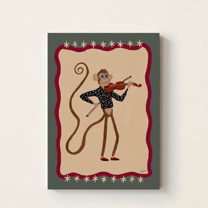 Hand-drawn monkey wearing star-shaped glasses while playing a violin inside a vintage-inspired decorative frame, retro music wall art for kids' bedrooms, nurseries, playrooms, and music rooms.