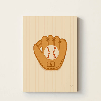 Hand-drawn vintage baseball glove catching a baseball, minimalist retro sports wall art for children's bedrooms, nurseries, playrooms, and game rooms.