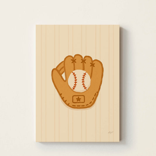 Hand-drawn vintage baseball glove catching a baseball, minimalist retro sports wall art for children's bedrooms, nurseries, playrooms, and game rooms.