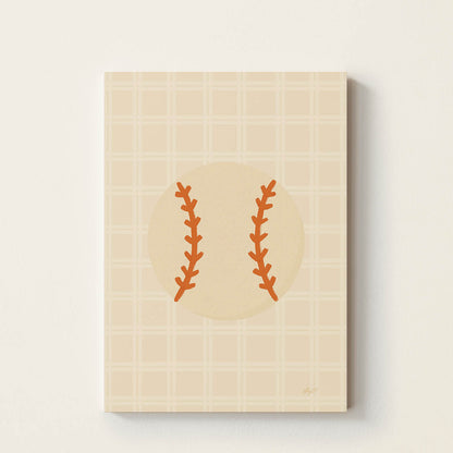 Minimalist hand-drawn baseball illustration with a soft retro-inspired background, sports wall art for kids' bedrooms, nurseries, playrooms, and baseball-themed rooms.