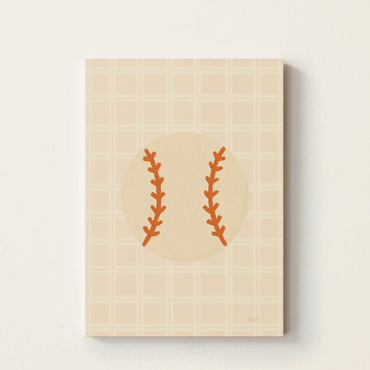 Minimalist hand-drawn baseball illustration with a soft retro-inspired background, sports wall art for kids' bedrooms, nurseries, playrooms, and baseball-themed rooms.