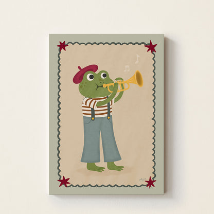 Hand-drawn frog wearing a red beret and playing a trumpet, whimsical music-themed kids wall art poster for nursery, bedroom, playroom, and music room decor.