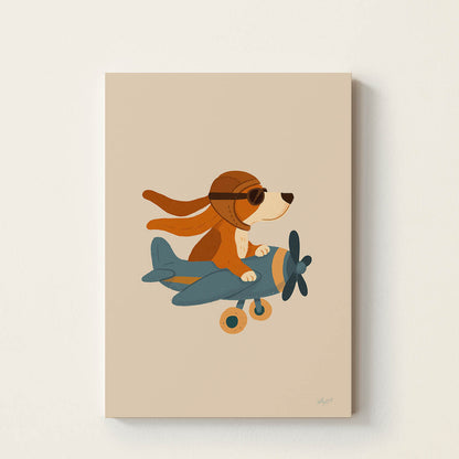 Hand-drawn dog wearing a vintage aviator helmet and goggles flying a classic propeller airplane, retro-inspired adventure wall art for nurseries, bedrooms, playrooms, and reading corners.