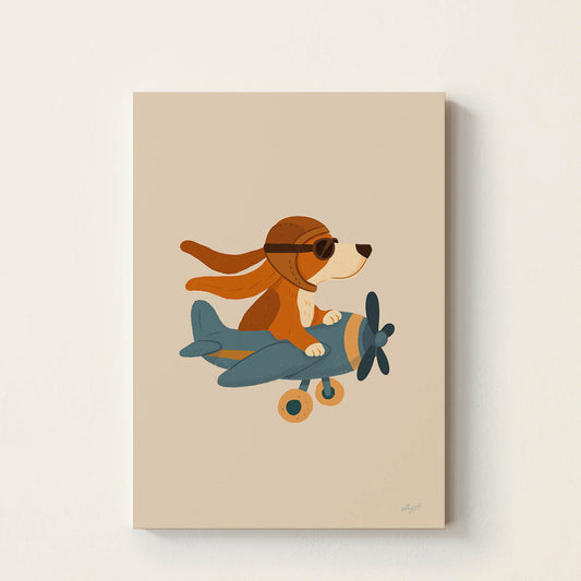 Hand-drawn dog wearing a vintage aviator helmet and goggles flying a classic propeller airplane, retro-inspired adventure wall art for nurseries, bedrooms, playrooms, and reading corners.