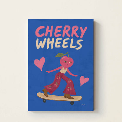 Hand-drawn cherry character wearing cherry-print trousers while roller skating beneath the words "Cherry Wheels", colourful retro kids wall art for nurseries, bedrooms, and playrooms.