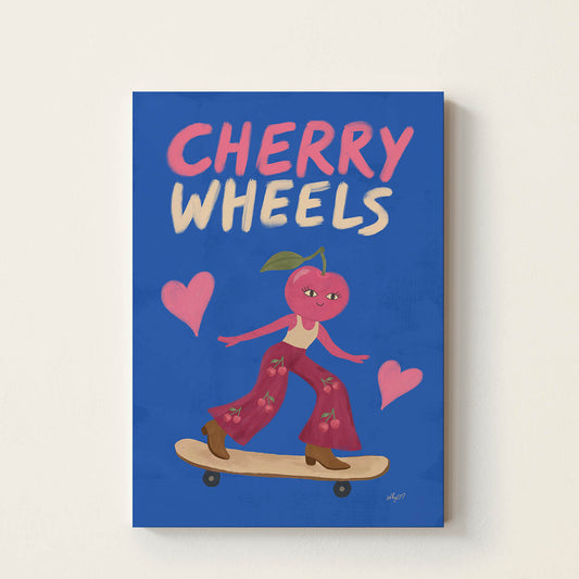 Hand-drawn cherry character wearing cherry-print trousers while roller skating beneath the words "Cherry Wheels", colourful retro kids wall art for nurseries, bedrooms, and playrooms.