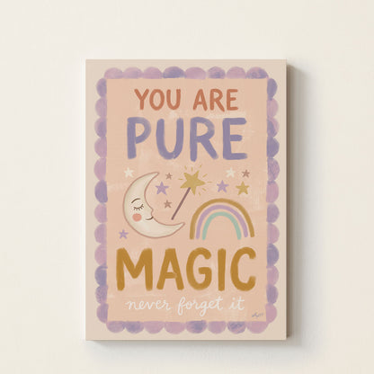 Hand-drawn inspirational poster featuring the message "You Are Pure Magic" with a smiling moon, rainbow, and magic wand in soft pastel colours for nurseries, bedrooms, and playrooms.