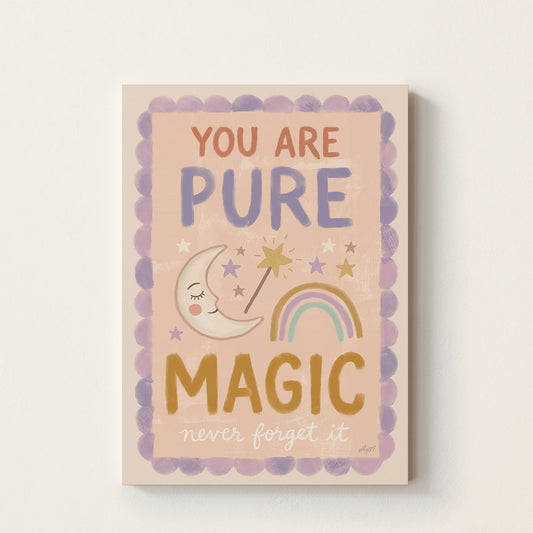 Hand-drawn inspirational poster featuring the message "You Are Pure Magic" with a smiling moon, rainbow, and magic wand in soft pastel colours for nurseries, bedrooms, and playrooms.