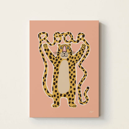 Hand-drawn leopard holding the letters of the word "ROAR", inspirational retro-style wall art for nurseries, children's bedrooms, playrooms, and classrooms.