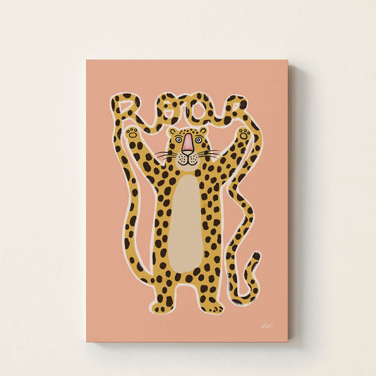 Hand-drawn leopard holding the letters of the word "ROAR", inspirational retro-style wall art for nurseries, children's bedrooms, playrooms, and classrooms.