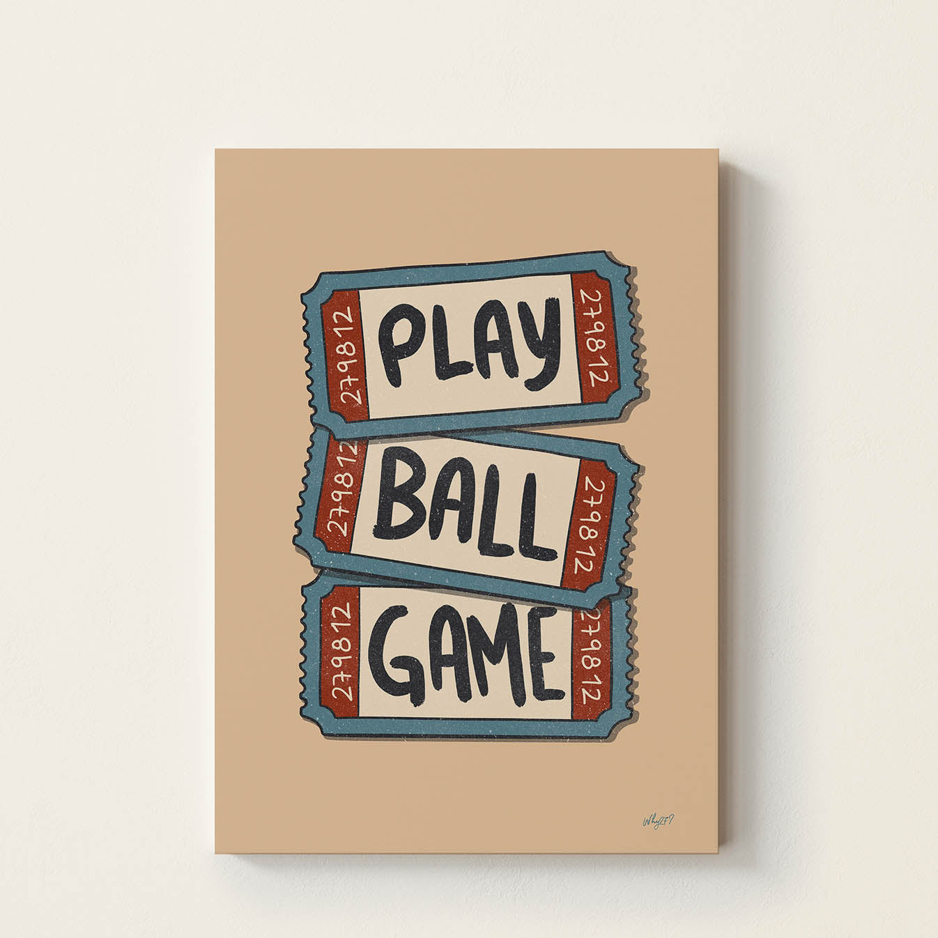 Hand-drawn typography poster featuring three vintage baseball ticket stubs spelling "Play Ball", retro sports wall art for kids' bedrooms, nurseries, playrooms, and game rooms.