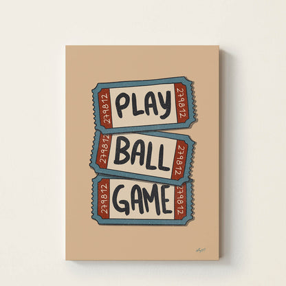Hand-drawn typography poster featuring three vintage baseball ticket stubs spelling "Play Ball", retro sports wall art for kids' bedrooms, nurseries, playrooms, and game rooms.