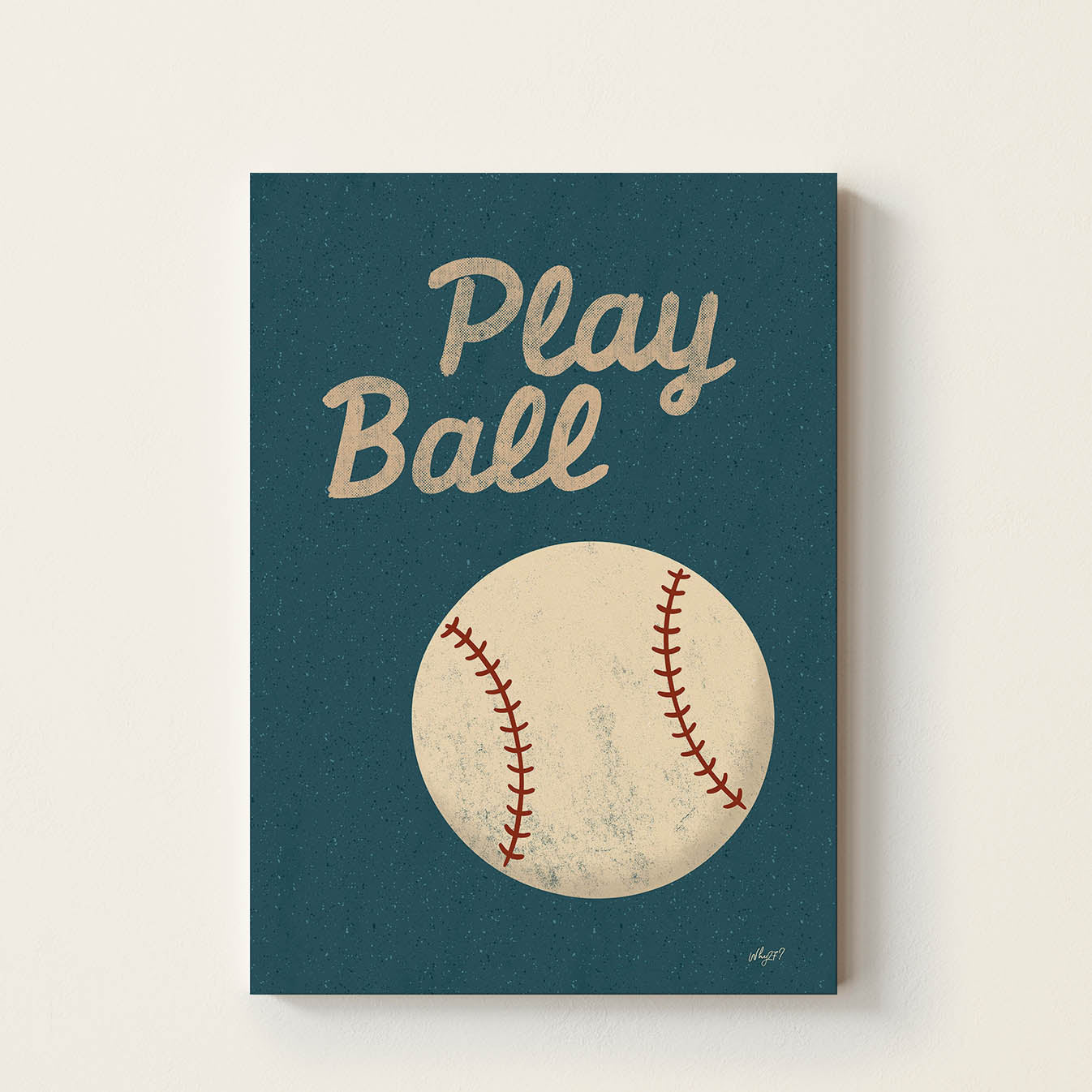 Hand-drawn baseball poster featuring a large vintage baseball beneath the words "Play Ball", retro sports wall art for children's bedrooms, nurseries, playrooms, and game rooms.