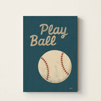 Hand-drawn baseball poster featuring a large vintage baseball beneath the words "Play Ball", retro sports wall art for children's bedrooms, nurseries, playrooms, and game rooms.