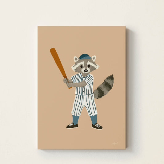 Hand-drawn raccoon wearing a vintage baseball uniform and holding a wooden baseball bat, retro-inspired sports wall art for nurseries, children's bedrooms, playrooms, and sports-themed rooms.