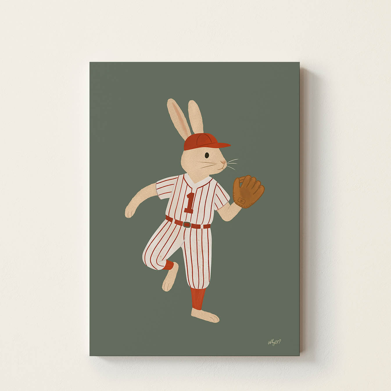 Hand-drawn bunny wearing a vintage baseball uniform and glove, retro-inspired baseball wall art for nurseries, children's bedrooms, playrooms, and sports-themed rooms.