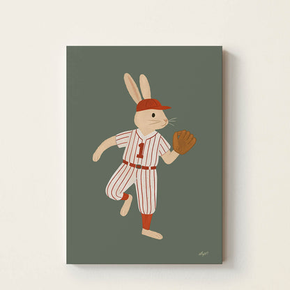 Hand-drawn bunny wearing a vintage baseball uniform and glove, retro-inspired baseball wall art for nurseries, children's bedrooms, playrooms, and sports-themed rooms.