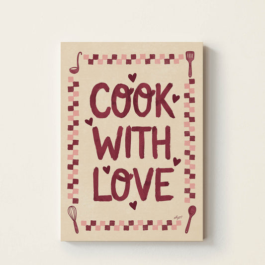 Hand-drawn typography poster featuring the words "Cook With Love" surrounded by retro kitchen utensils and a checkerboard border, decorative wall art for family kitchens and play kitchens.