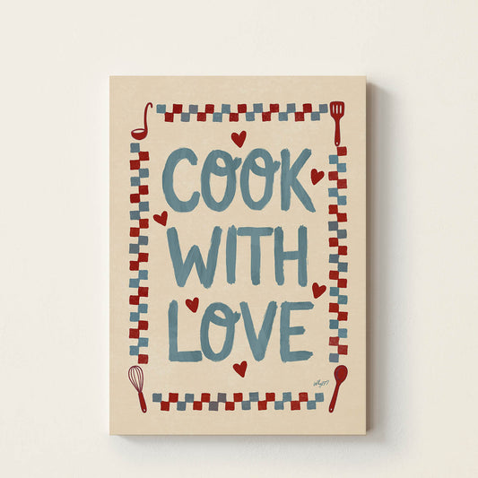 Hand-drawn typography poster displaying the words "Cook With Love" with a colourful retro checkerboard border and kitchen utensils, decorative wall art for family kitchens, dining rooms, and play kitchens.