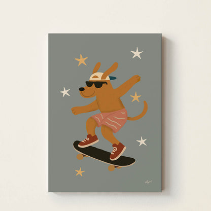 Hand-drawn dog wearing sunglasses and a backwards cap performing a skateboard trick, retro-inspired skateboard wall art for nurseries, bedrooms, and playrooms.