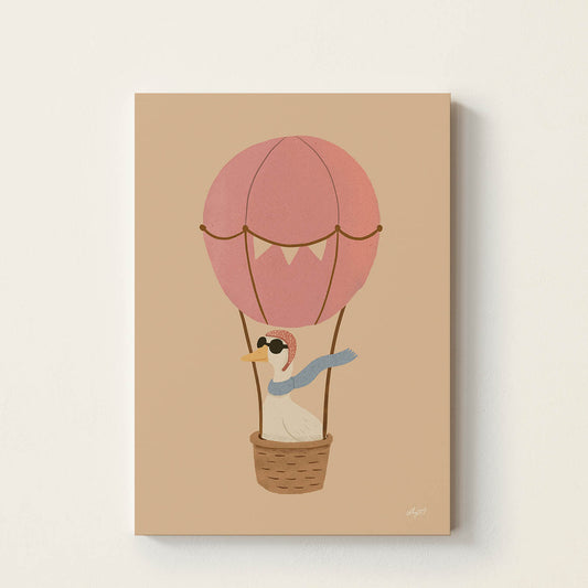 Hand-drawn goose wearing sunglasses and a cozy scarf floating in a vintage pink hot air balloon, whimsical nursery wall art for bedrooms, playrooms, and children's rooms.
