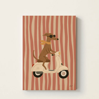 Hand-drawn dachshund wearing sunglasses and a yellow scarf while riding a vintage cream scooter, retro-inspired kids wall art for nurseries, bedrooms, and playrooms.
