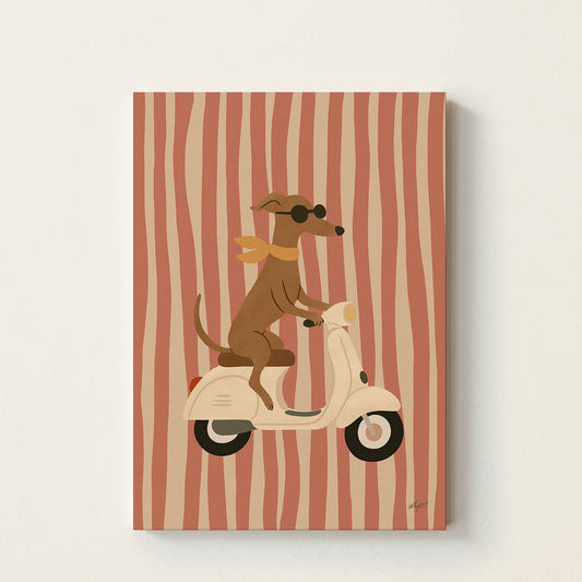 Hand-drawn dachshund wearing sunglasses and a yellow scarf while riding a vintage cream scooter, retro-inspired kids wall art for nurseries, bedrooms, and playrooms.