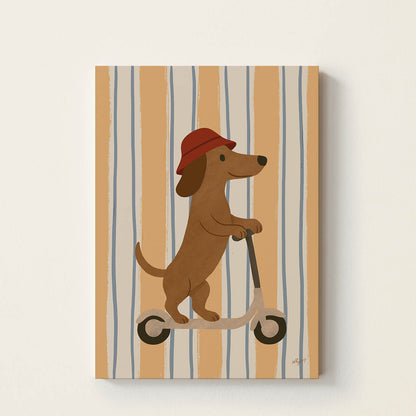 Hand-drawn dachshund wearing a red hat while riding a kick scooter, retro-inspired kids wall art for nurseries, bedrooms, and playrooms.