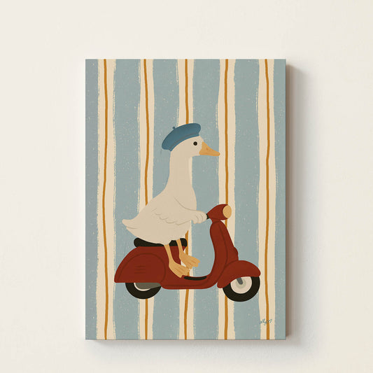 Hand-drawn goose wearing a blue beret while riding a vintage red scooter, retro-inspired nursery wall art for children's bedrooms, playrooms, and modern family spaces.