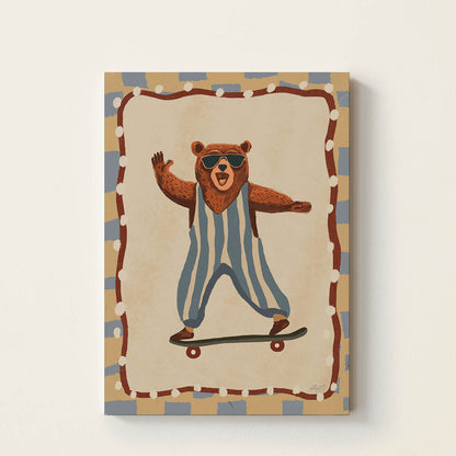 Hand-drawn happy bear wearing sunglasses and striped overalls while riding a skateboard, retro-inspired kids wall art for nurseries, bedrooms, and playrooms.