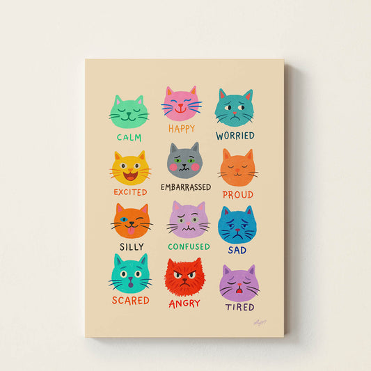 Colourful hand-drawn poster featuring twelve cat faces expressing different emotions including happy, calm, worried, proud, sad, angry, excited, embarrassed, scared, confused, silly, and tired, educational wall art for children.